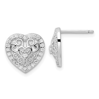 Cheryl M Sterling Silver Rhodium-plated Polished CZ Filigree Heart Post Earrings