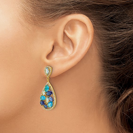 Cheryl M Sterling Silver Gold-plated Polished Blue Glass and CZ Fancy Teardrop Post Dangle Earrings