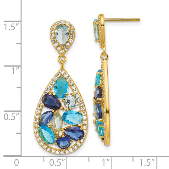 Cheryl M Sterling Silver Gold-plated Polished Blue Glass and CZ Fancy Teardrop Post Dangle Earrings