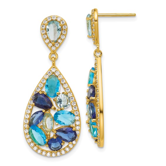 Cheryl M Sterling Silver Gold-plated Polished Blue Glass and CZ Fancy Teardrop Post Dangle Earrings