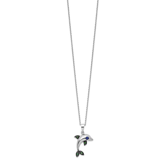 Cheryl M Sterling Silver Rhodium-plated with Black Rhodium Polished Blue and Green CZ Dolphin 16 Inch with 2 Inch Extension Necklace
