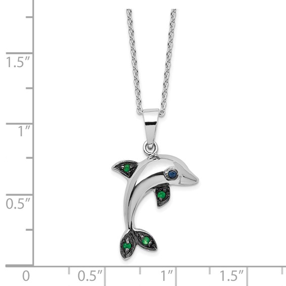 Cheryl M Sterling Silver Rhodium-plated with Black Rhodium Polished Blue and Green CZ Dolphin 16 Inch with 2 Inch Extension Necklace