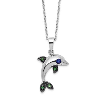 Cheryl M Sterling Silver Rhodium-plated with Black Rhodium Polished Blue and Green CZ Dolphin 16 Inch with 2 Inch Extension Necklace