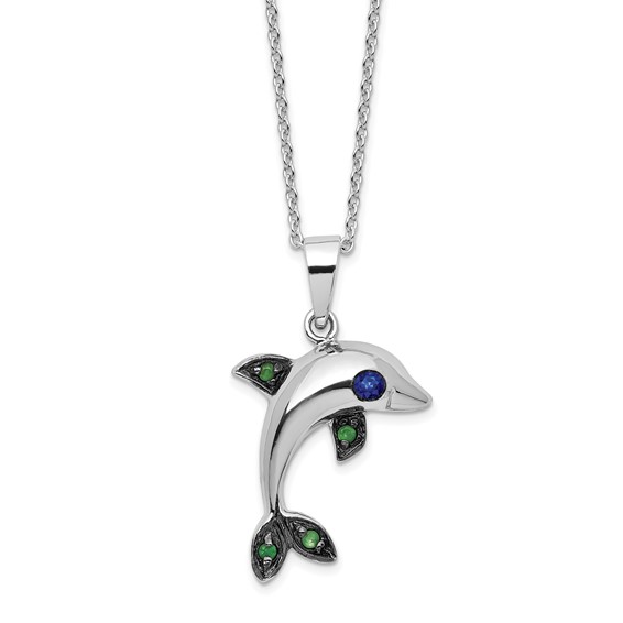 Cheryl M Sterling Silver Rhodium-plated with Black Rhodium Polished Blue and Green CZ Dolphin 16 Inch with 2 Inch Extension Necklace