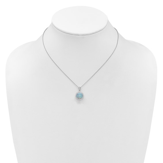 Cheryl M Sterling Silver Rhodium-plated Polished Lab Created Opal and CZ Halo Circle 16 Inch with 2 Inch Extension Necklace