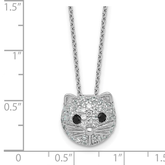 Cheryl M Sterling Silver Rhodium-plated Polished Black and White CZ Cat 16 Inch with 2 Inch Extension Necklace