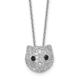 Cheryl M Sterling Silver Rhodium-plated Polished Black and White CZ Cat 16 Inch with 2 Inch Extension Necklace