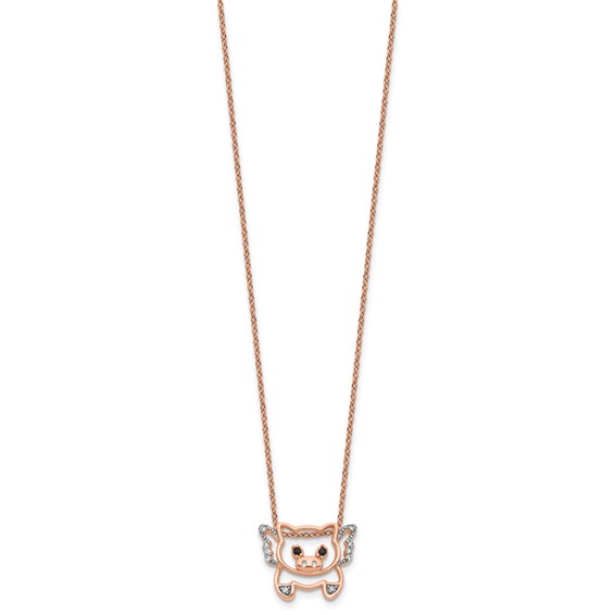 Cheryl M Sterling Silver Rose Gold-plated Polished Black and White CZ Flying Pig 16 Inch with 2 Inch Extension Necklace