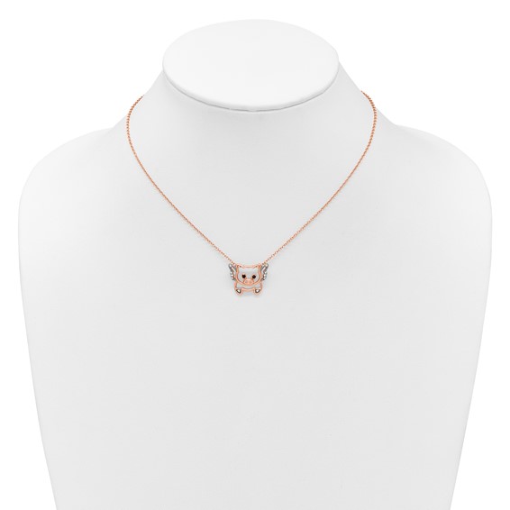 Cheryl M Sterling Silver Rose Gold-plated Polished Black and White CZ Flying Pig 16 Inch with 2 Inch Extension Necklace
