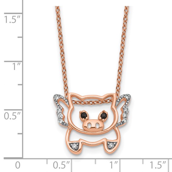 Cheryl M Sterling Silver Rose Gold-plated Polished Black and White CZ Flying Pig 16 Inch with 2 Inch Extension Necklace