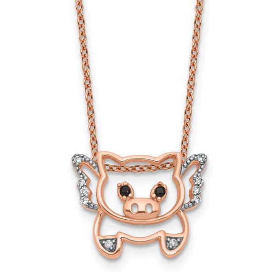 Cheryl M Sterling Silver Rose Gold-plated Polished Black and White CZ Flying Pig 16 Inch with 2 Inch Extension Necklace