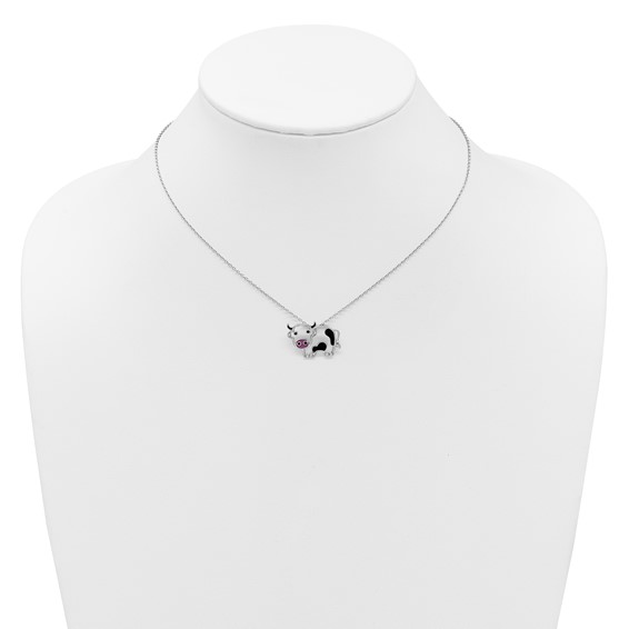 Cheryl M Sterling Silver Rhodium-plated Polished and Enameled Black and White CZ Cow 16 Inch with 2 Inch Extension Necklace