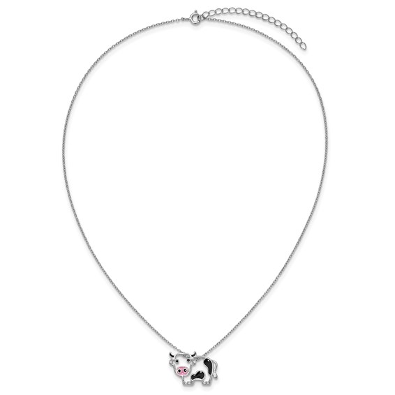 Cheryl M Sterling Silver Rhodium-plated Polished and Enameled Black and White CZ Cow 16 Inch with 2 Inch Extension Necklace