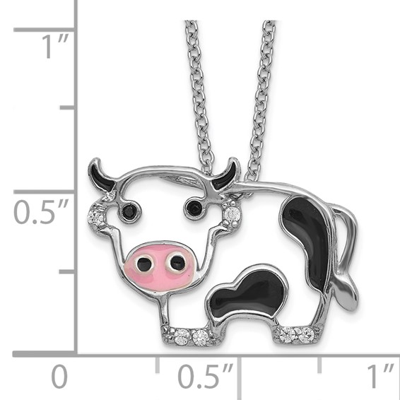 Cheryl M Sterling Silver Rhodium-plated Polished and Enameled Black and White CZ Cow 16 Inch with 2 Inch Extension Necklace