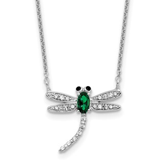 Cheryl M Sterling Silver Rhodium-plated Polished Green Glass and CZ Dragonfly 16 Inch with 2 Inch Extension Necklace