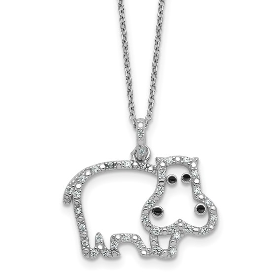 Cheryl M Sterling Silver Rhodium-plated Polished and Enameled CZ Hippopotamus 16 Inch with 2 Inch Extension Necklace