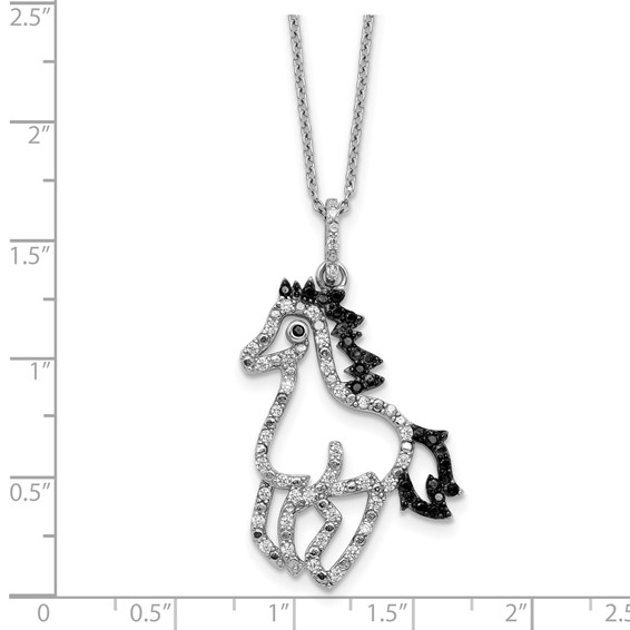 Cheryl M Sterling Silver Rhodium-plated Polished Black and White CZ Horse 16 Inch with 2 Inch Extension Necklace