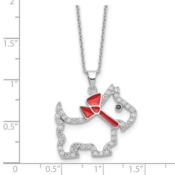 Cheryl M Sterling Silver Rhodium-plated Polished and Enameled Black and White CZ Scottie Dog 16 Inch with 2 Inch Extension Necklace
