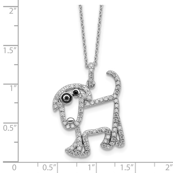 Cheryl M Sterling Silver Rhodium-plated Polished and Enameled Black and White CZ Dog 16 Inch with 2 Inch Extension Necklace