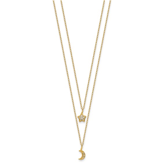 Cheryl M Sterling Silver Gold-plated Polished 2-Strand CZ Moon and Star 16 Inch with 2 Inch Extension Necklace