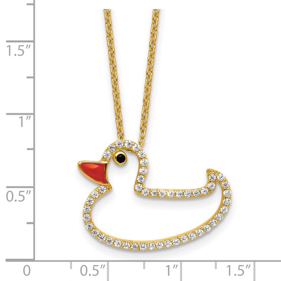 Cheryl M Sterling Silver Gold-plated Polished Black and White CZ Enameled Duck 16 Inch with 2 Inch Extension Necklace