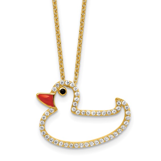 Cheryl M Sterling Silver Gold-plated Polished Black and White CZ Enameled Duck 16 Inch with 2 Inch Extension Necklace