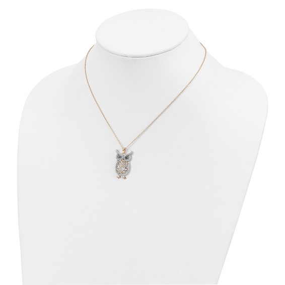Cheryl M Sterling Silver Gold-plated Polished Black and White CZ Owl 16 Inch with 2 Inch Extension Necklace