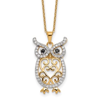 Cheryl M Sterling Silver Gold-plated Polished Black and White CZ Owl 16 Inch with 2 Inch Extension Necklace