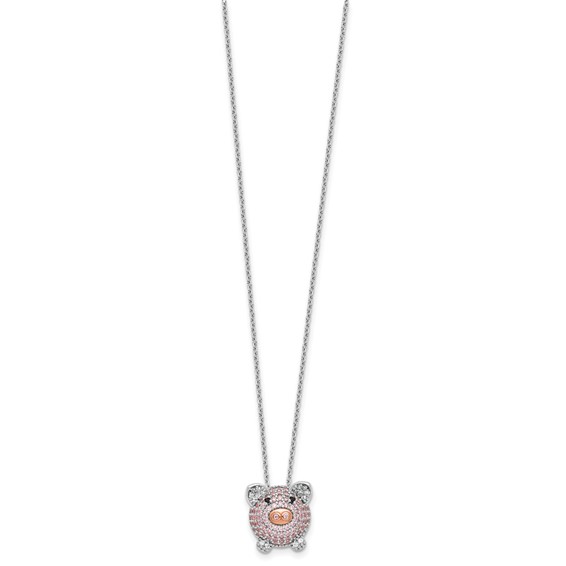 Cheryl M Sterling Silver Rhodium and Rose Gold-plated Polished Multicolor CZ Pig 16 Inch with 2 Inch Extension Necklace