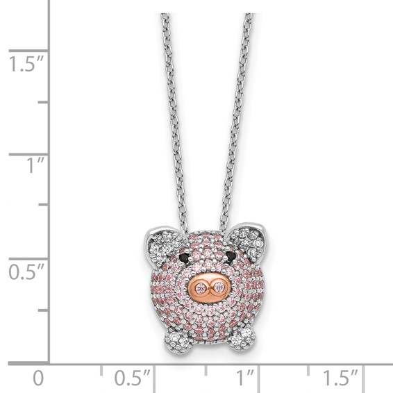 Cheryl M Sterling Silver Rhodium and Rose Gold-plated Polished Multicolor CZ Pig 16 Inch with 2 Inch Extension Necklace
