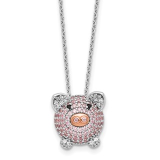 Cheryl M Sterling Silver Rhodium and Rose Gold-plated Polished Multicolor CZ Pig 16 Inch with 2 Inch Extension Necklace