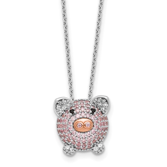 Cheryl M Sterling Silver Rhodium and Rose Gold-plated Polished Multicolor CZ Pig 16 Inch with 2 Inch Extension Necklace