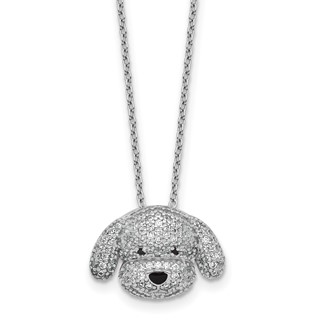 Cheryl M Sterling Silver Rhodium-plated Polished and Enameled Black and White CZ Dog 16 Inch with 2 Inch Extension Necklace