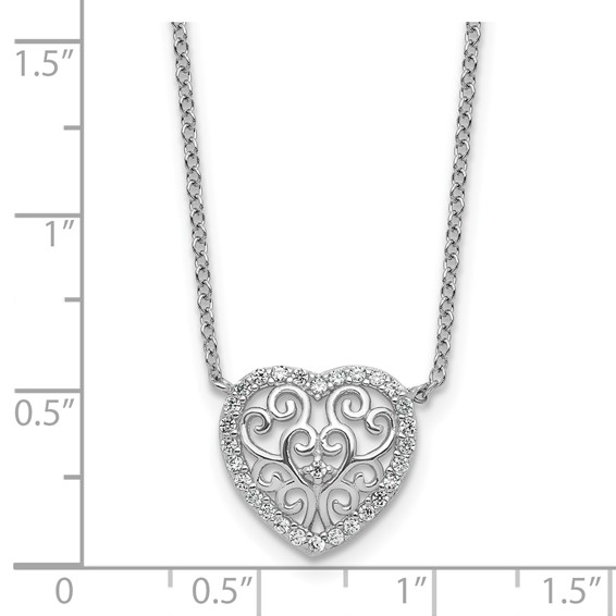 Cheryl M Sterling Silver Rhodium-plated Polished Filigree CZ Heart 16 Inch with 2 Inch Extension Necklace