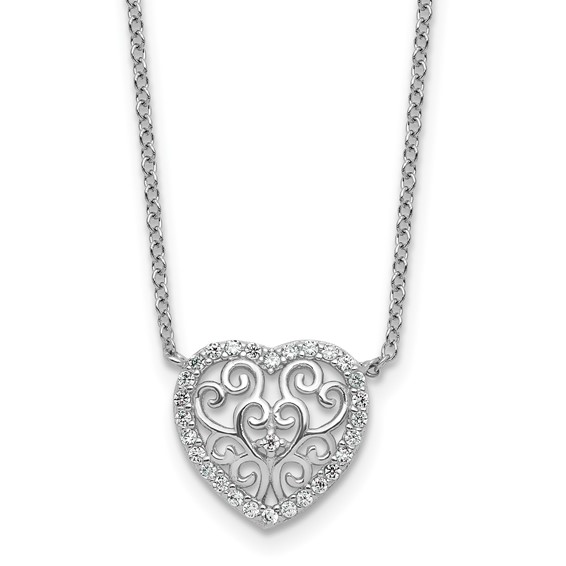 Cheryl M Sterling Silver Rhodium-plated Polished Filigree CZ Heart 16 Inch with 2 Inch Extension Necklace