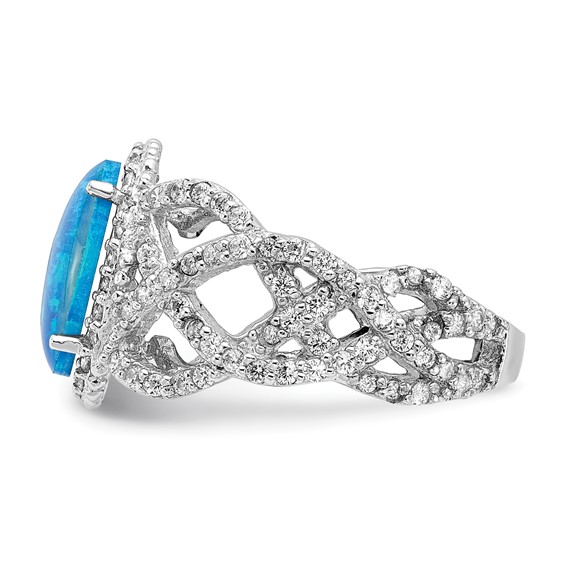 Cheryl M Sterling Silver Rhodium-plated Polished Fancy Blue Lab Created Opal and CZ Ring