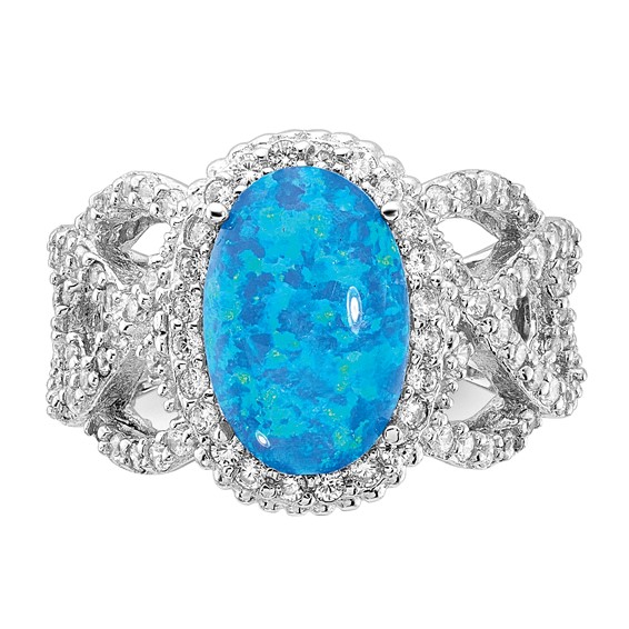 Cheryl M Sterling Silver Rhodium-plated Polished Fancy Blue Lab Created Opal and CZ Ring