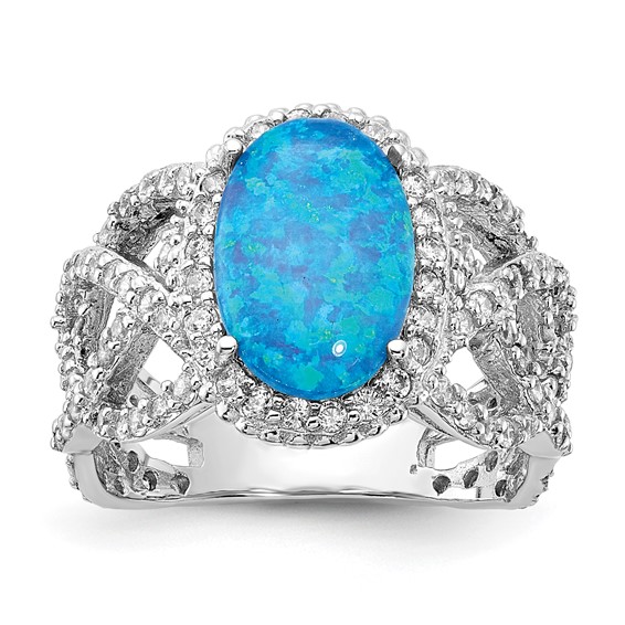 Cheryl M Sterling Silver Rhodium-plated Polished Fancy Blue Lab Created Opal and CZ Ring