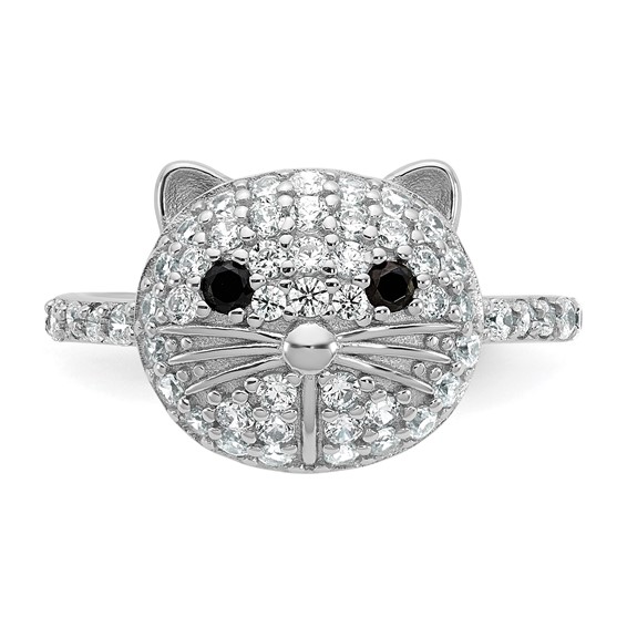 Cheryl M Sterling Silver Rhodium-plated Polished Black and White CZ Cat Ring