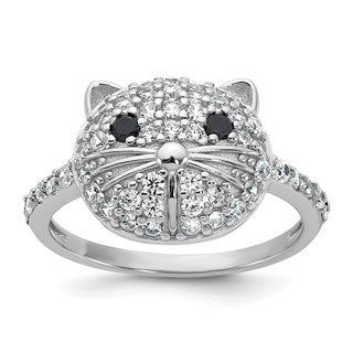 Cheryl M Sterling Silver Rhodium-plated Polished Black and White CZ Cat Ring