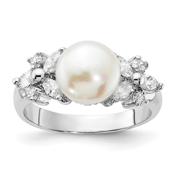 Cheryl M Sterling Silver Rhodium-plated Polished CZ and Freshwater Cultured Pearl Ring