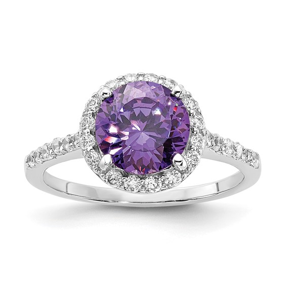 Cheryl M Sterling Silver Rhodium-plated Polished Purple and White CZ Round Halo Ring