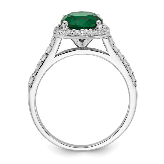Cheryl M Sterling Silver Rhodium-plated Polished Green Glass and CZ Round Halo Ring