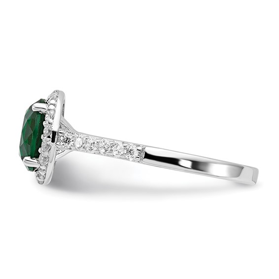 Cheryl M Sterling Silver Rhodium-plated Polished Green Glass and CZ Round Halo Ring