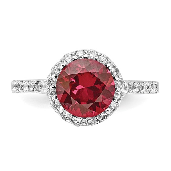 Cheryl M Sterling Silver Rhodium-plated Polished Lab Created Ruby and CZ Round Halo Ring
