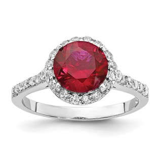 Cheryl M Sterling Silver Rhodium-plated Polished Lab Created Ruby and CZ Round Halo Ring