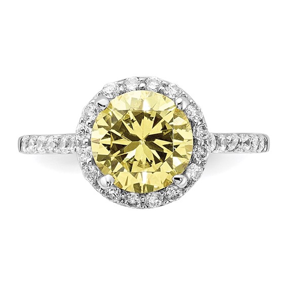 Cheryl M Sterling Silver Rhodium-plated Polished Yellow and White CZ Round Halo Ring