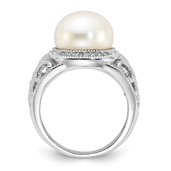 Cheryl M Sterling Silver Rhodium-plated Polished and Textured CZ and Freshwater Cultured Pearl Ring