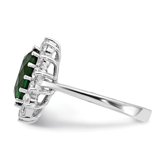 Cheryl M Sterling Silver Rhodium-plated Polished Green Glass and CZ Oval Halo Ring