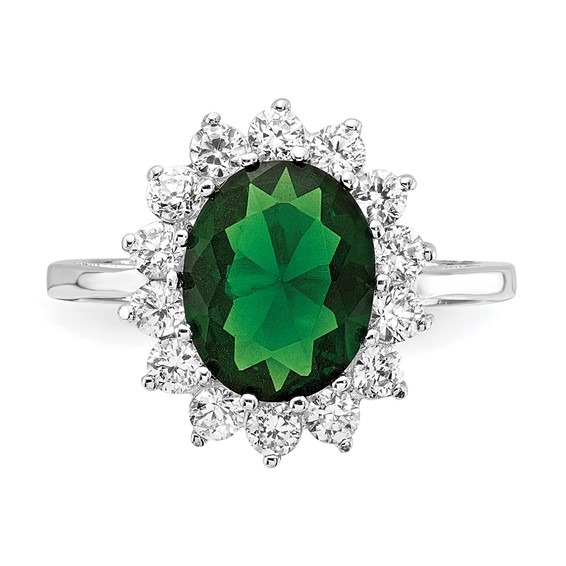 Cheryl M Sterling Silver Rhodium-plated Polished Green Glass and CZ Oval Halo Ring
